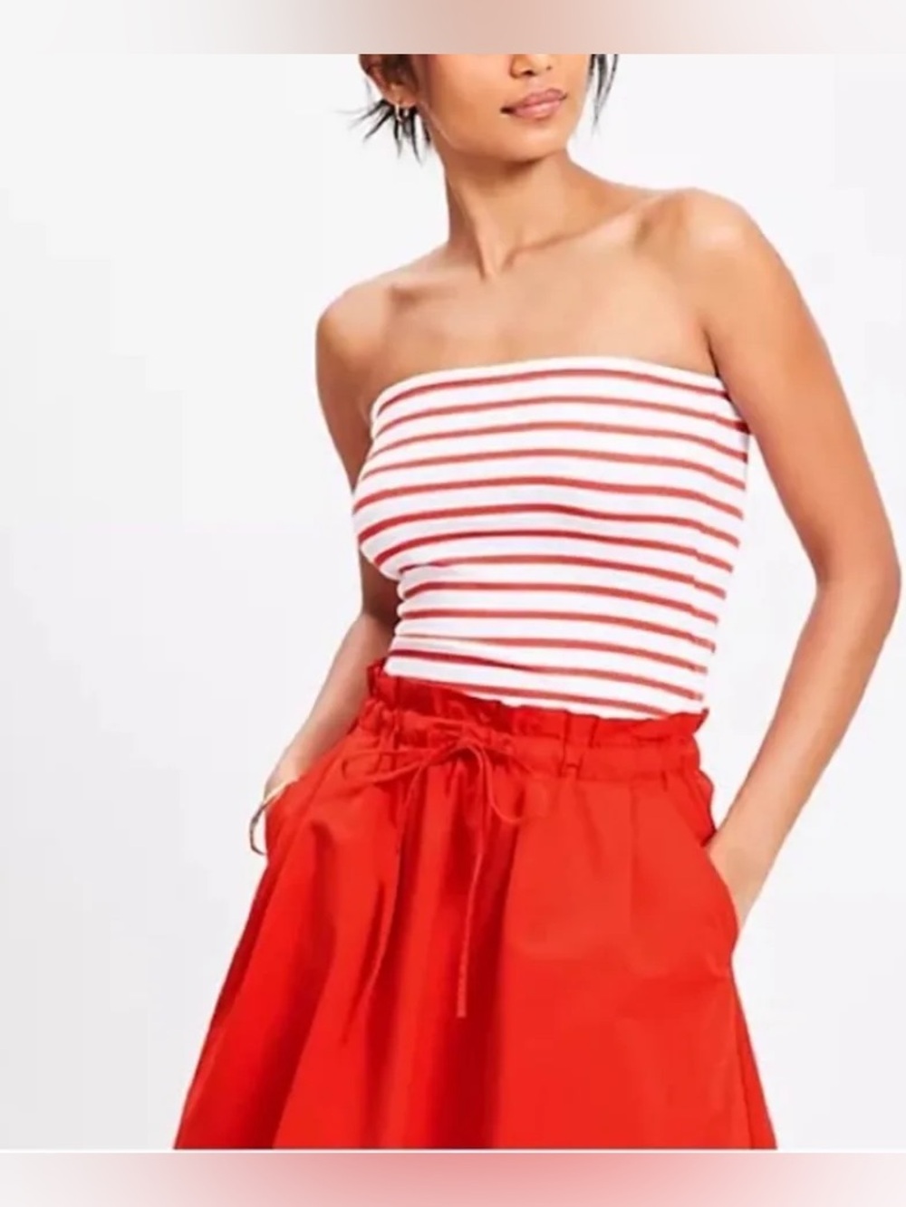 LOFT White and Red Striped Strapless Top